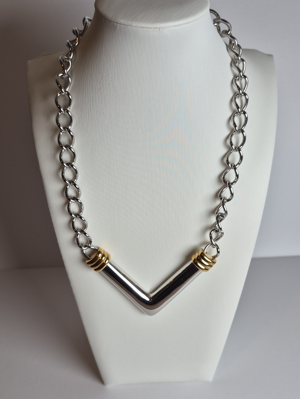 MONET 80s Runway Modernist Gold/Silver Plated V Pendant 18" SIGNED